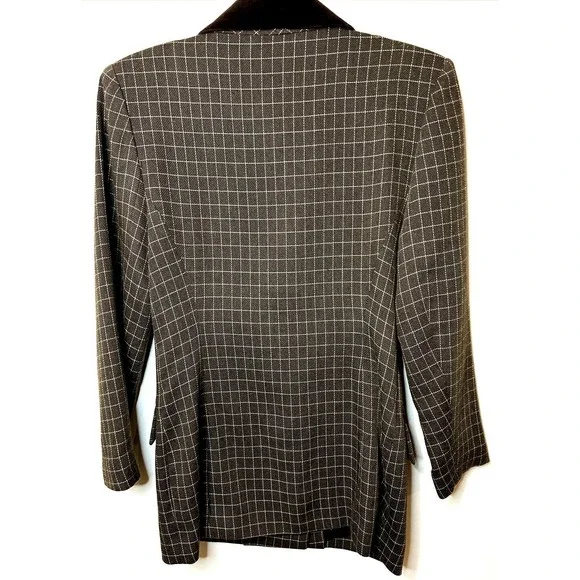 Vintage SANDRO Paris Brown Checked Double-Breasted Velvet Trim Blazer Sz S - Picture 2 of 9